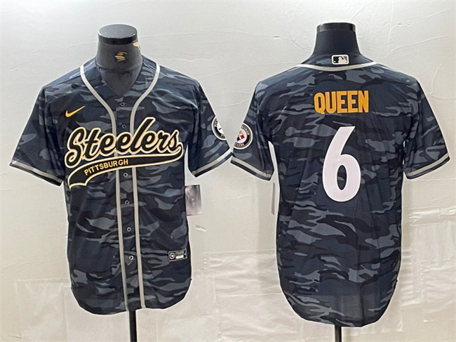 Men's Pittsburgh Steelers #6 Patrick Queen Grey Camo With Patch Cool Base Stitched Baseball Jersey